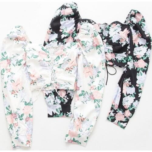 Women Retro Square Collar Stretch Slim Long Bubble Sleeve Short Crop Tops Lady Sweet Printed Blouse Shirts