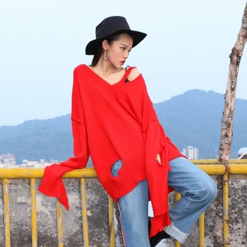 High Street Women Sweater Autumn And Winter Korean Sexy Oversize Loose Tear Hole Sweaters Pullover Tops