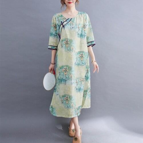 Cotton Linen Loose Summer Dress 2021 New Arrival Fashion Chinese Style Women Casual Dress Print Floral Vintage Midi Dress Robes