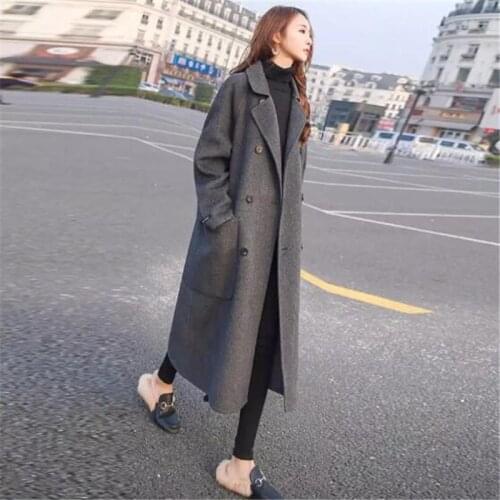 Womens Long Woolen Coat autumn winter casual loose wild office Outerwear OVercoat Trench Coat double-breasted Blends Wool Coats