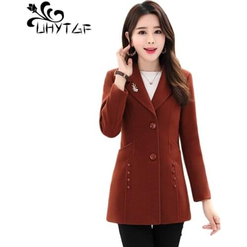 UHYTGF plus Size Woolen Coat Women Spring Autumn Clothes Wool Jacket Women Outerwear Long Coat Single-breasted Manteau Femme 893