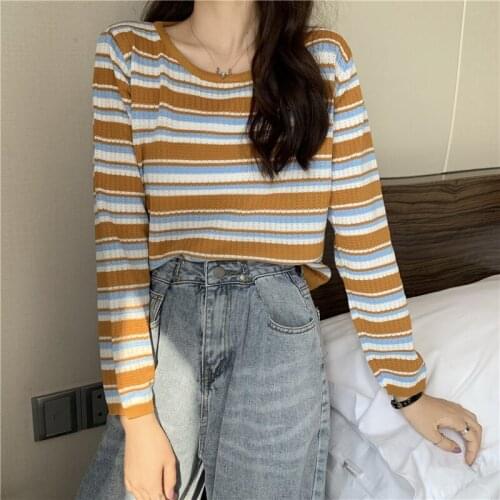 2021 Autumn Winter Long Sleeve Striped Pullover Women Sweater Knitted Loose Sweaters O-Neck Tops Korean Jumper Female 3 Color