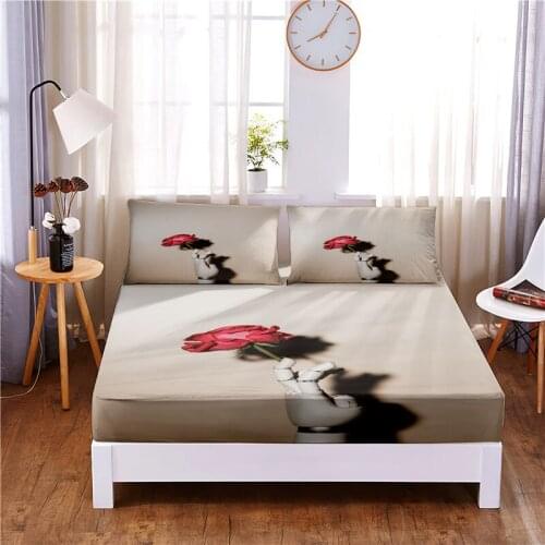 Rose In Hand Digital Printed 3pc Polyester Fitted Sheet Mattress Cover Four Corners with Elastic Band Bed Sheet Pillowcases