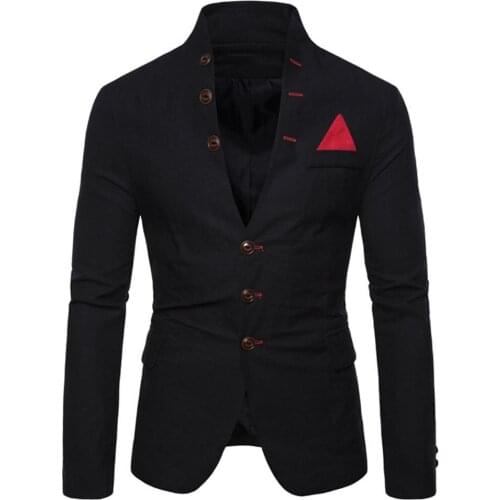 Blazers Men Long Sleeve Stand Collar Suit Blazer 3 Button Pocket Slim Jacket Coat