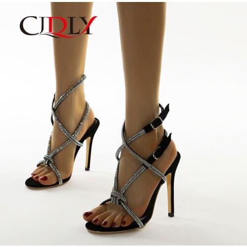 CJDLY Rhinestone 12CM High Heels Women Pumps Ankle Cross Strap Sandals Shoes Woman Peep Toe High Heels Dress Party womens shoes