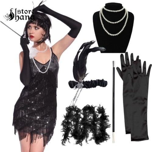 1920s Flapper Girl Costume Outfit Charleston Gangster Gatsby Roaring 20s Fancy Dress with 5pcs Accessories Set Hen Party Costume