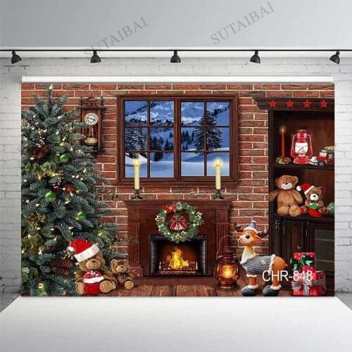 Christmas Backdrop for Photography Fire Fireplace Wreath Xmas Tree Toy Bear Brick Wall Window Decor Photo Background Photoshoot