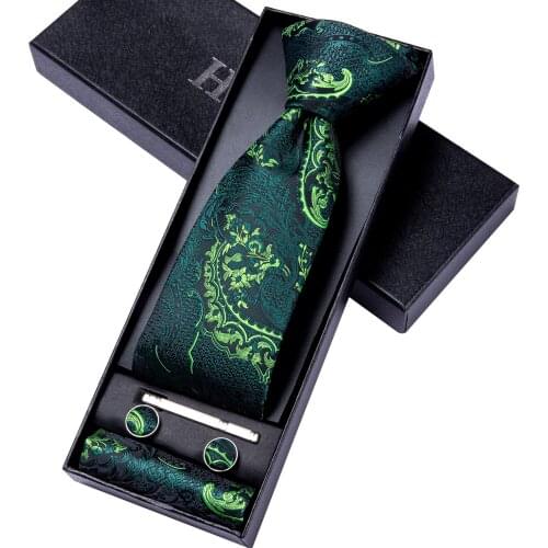 Hi-tie Mens Tie Green Floral Paisley Silk Set Luxury Gift for Men Necktie for Men Fashion Hanky Cufflinks Set High Quality