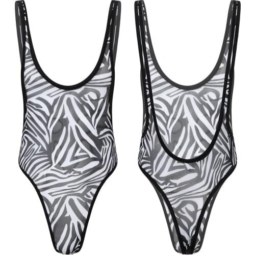 IEFiEL Black Male Sheer Mesh Zebra Bodysuit Romper Skinny Teddies Singlet Lingerie Jockstraps Underwear Teddies Costumes