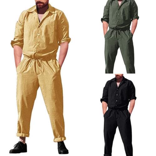 Mens Slim Long One Piece Romper Long Sleeve Street Casual Cargo Pants Jumpsuit Siamese Trousers Solid
