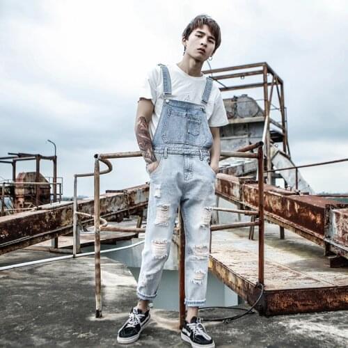 Ripped Jumpsuit Men Summer Overall Mens Denim Jumpsuits Jeans Distressed Romper Destroyed Hole Broken Fashion Male Clothes