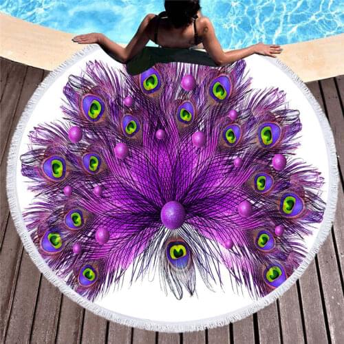 European Hot Round Beach Towel Summer Vacation Holiday Seaside Women Sunscreen Shawl Towel Peacock Feather 150cm Dia 1PC