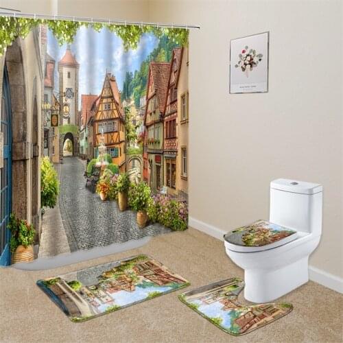 4 Pcs/Set Landscape Shower Curtains Retro Stone Building Green Plant Flower Small Town Scenery Bathroom Decor Bath Flannel Mat