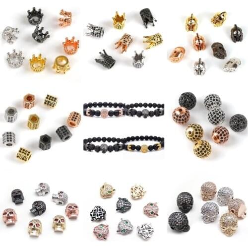Metal Copper Zircon Crystal CZ Geometry Crown Leopard Helmet Skull Loose Spacer Beads for Jewelry Making DIY Charm Bracelets