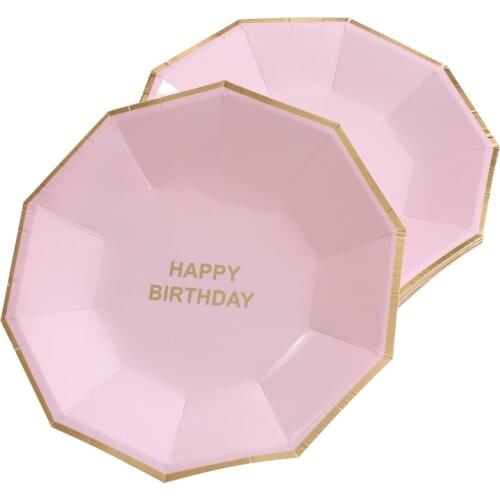New Party Paper Plates Cups Birthday Party Supplies Plastic Straws Gold Foil Pink Disposable Tableware
