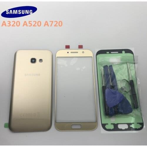Original Samsung Galaxy A3 A320 A5 A520 A7 A720 Back Glass Cover Rear Battery Cover Door with Camera lens+Front glass lens