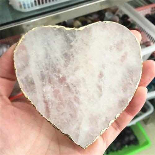 Natural Rose Crystal Coaster Heart Shape Cup Mat Quartz Table Onyx Mat Coasters for Drinks Gift Polished Mineral