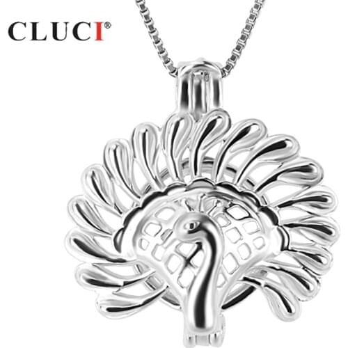 CLUCI 925 Sterling Silver Charms Pendant Beautiful Noble Peacock Shaped Cage Pendant Luxury Women Jewelry Pearl Locket SC225SB