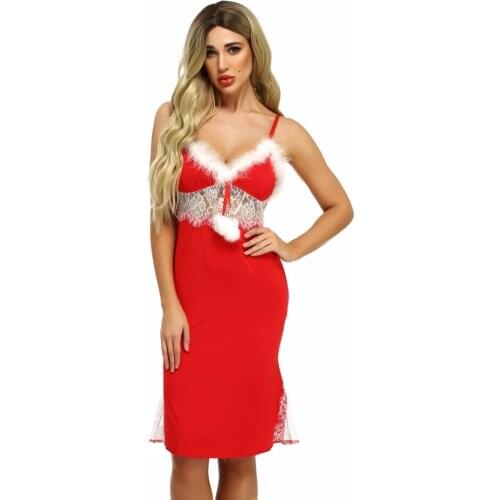 Christmas Women Sexy Lace Feather Lingerie Babydoll See-through Underwear V Neck Sleepwear Backless Midi G-String Dress