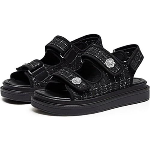 Classical Hemp Gingham Sandals Female Gold Metal Rose Decoration Elegant Ladies Wearing in Summer Flat With Comfortable Shoes