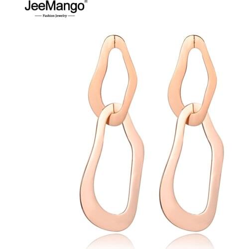 JeeMango Irregular Interlocking Double Circle Earrings Rose Gold Color Geometry Stainless Steel Jewelry For Women Girls JE18064