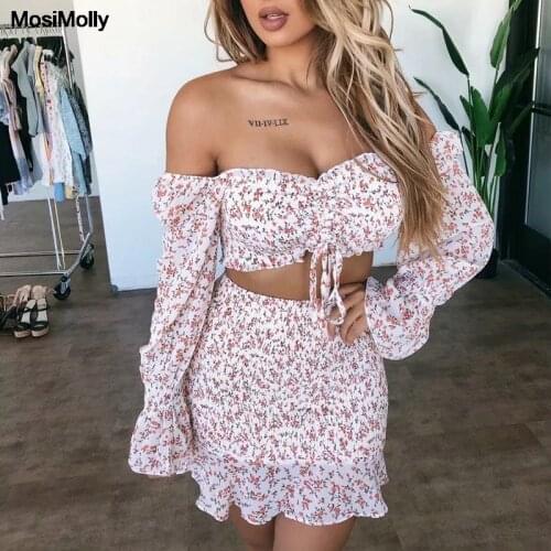MosiMolly Chic Floral dress Two pieces Shirred Ruffle Dress Boho Beach Mini Dress female vestidos