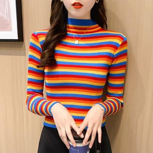 Sweet Rainbow Striped Sweater Women Fashion 2020 Autumn Bottoming Slim Female Jumper Sexy Short Knitted Tops Long Sleeve Sweater