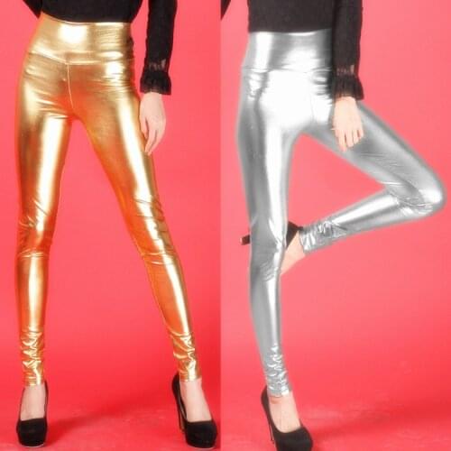 Bright Silver Gold Pu Leather Pants for Women High Waist Super Stretchy Skinny Slim Pencil Trousers Sexy Fashion Club Tights