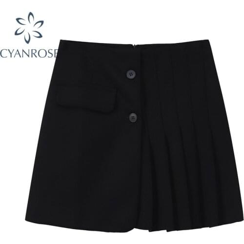 Patchwork Pleated Skirts Women Black&Gray Preppy Style Korean Single Breasted Pocket Skirts Female OL A-Line High Waist Clothes
