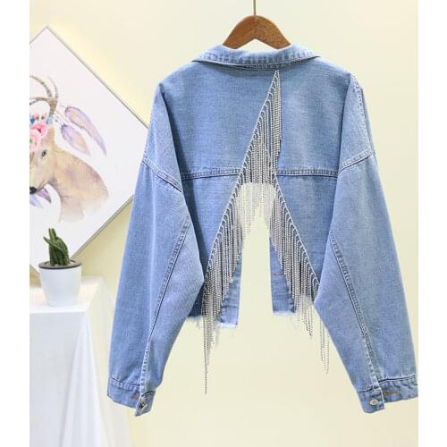 Heavy Tassel Rhinestone Back split hollow Design Fashion Denim Jacket for women Coat 2020 new Fashion Jean Jacket Loose short