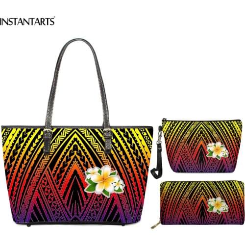 INSTANTARTS Gradient Ethnic Tribe Plumeria Print Women PU Leather Bag with Make Up Bag and Wallet 3pcs Ladies Top-Handle Bags
