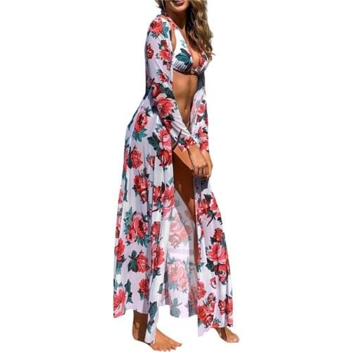 Female Summer Casual Beach Style Cover Shirt Tops Mesh Perspective Floral Printing Long Sleeve Cardigan Blouse for Vacation S-XL