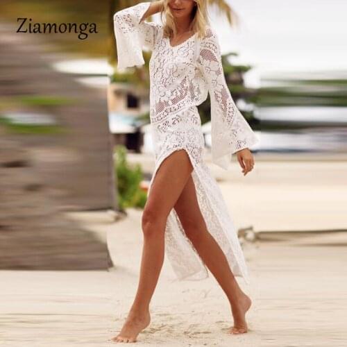 Ziamonga 2020 Swimwear Cover Ups Sexy V-Neck Summer Beach Dress White Lace Tunic Women Plus Size Beachwear Swim Suit Cover Up