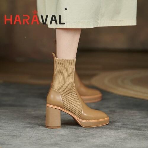 HARAVAL Women Ankle Boots High Heels Brown Black Motorcycle Boots Spring Autumn Fashion Elegant Boots Footwear Women E424L