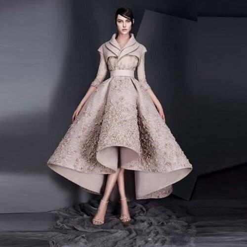 Ashi Studio Evening Dresses Lace Appliques Long Sleeves Satin Ruched Prom Dresses High Low Formal Party Gowns 2020