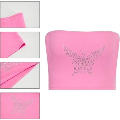 Womens Sexy Strapless Bandeau Butterflies Hot Drilling Wrapped Chest Tube Top