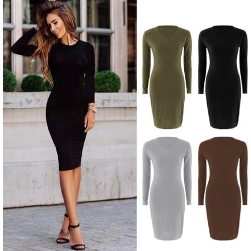 2020 Autumn Spring Women Long Sleeve Dress Bodycon Sexy Slim Fit O-neck Casual Dresses SMA66