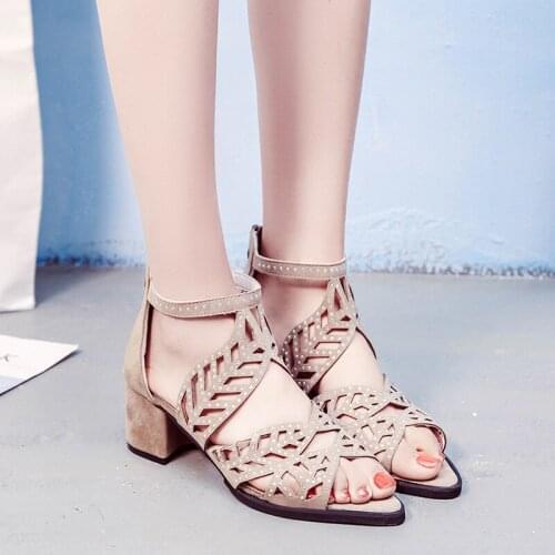 2021 Hollow Out Sandals Mid Heel Summer Slip-on Zipper Ladies Shoes Faux Leather Rhinestones Open Toe Pumps Women Sandalias