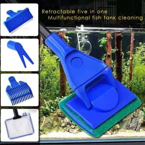 5 In 1 Aquarium Tank Cleaning Tools Kit Fish Net Gravel Rake Algae Scraper Grass Fork Sponge Brush Glass Fish Tank Cleaner Set