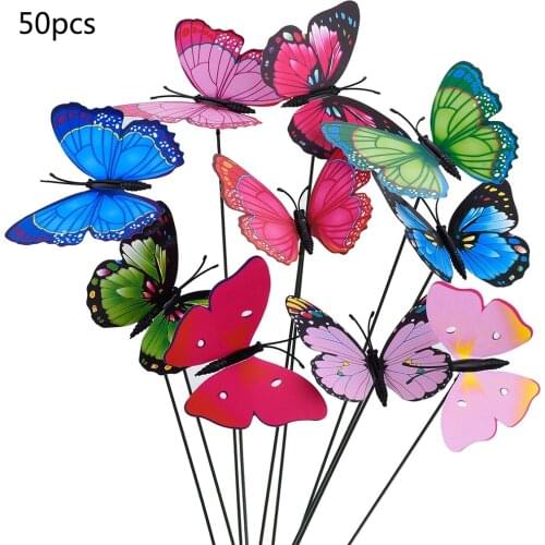50pcs/set DIY Craft Fake Plant 3D Mode Double Wing Artificial Butterflies On Sticks Party Wedding Home Decor Garden Plant Yard