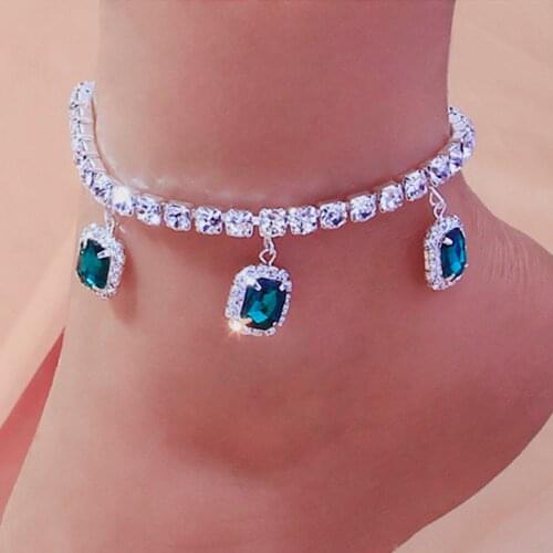 Handmade Luxury Rhinestone Green Square Pendant Anklets Foot Chain Bracelet for Women Bling Crystal Hip Hop Foot Anklet Jewelry