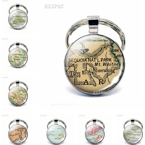 American Island Map Glass Pendant Keychain Park In US Map Hawaii Yellowstone Park Fashion Souvenir Keyring Jewelry Traveler Gift