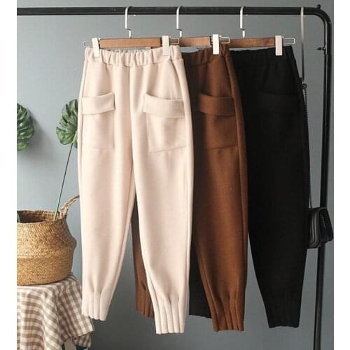 Woman pants Harem Plus Size Trousers Women Elastic-Waist Pocket Drawstring Bottoms Winter Thick Streetwear Loose Femme Dropship