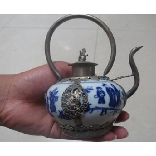 Buddhist bronze exquisite old Chinese Tibetan silver blue and white ceramic teapot flagon real Tibetan Silver Brassroom