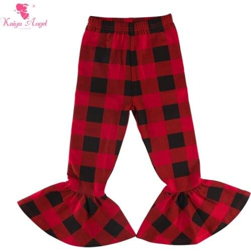 Kaiya Angel Christmas Kids Ruffle Pants For Girls Fashion Red Black Plaid Clothes Princess Knitted Cotton One Piece 5pcs/lot