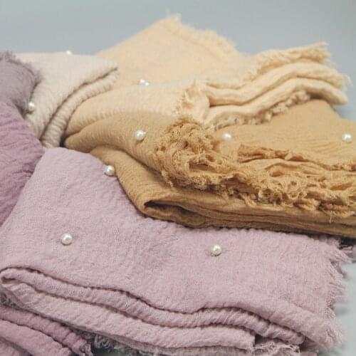 Women Cotton Scarf Beads Bubble Pearl Wrinkle Shawls Hijab Drape Stitching Fringe Long Crumple Scarves Muslim Head Wrap Stoles