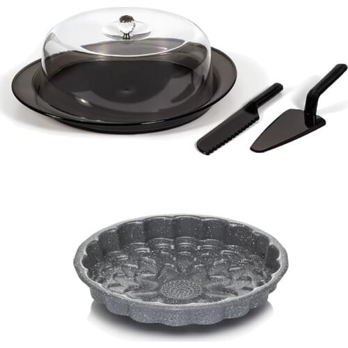EWs Kitchenware Black Cake Serving set + 26 cm Sunflower Pattern Cake Mold