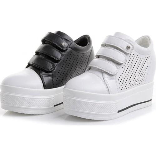 Krasovki Super High Platform White Leather Hollow out Flat Increased Height Women Casual Sneakers Shoes
