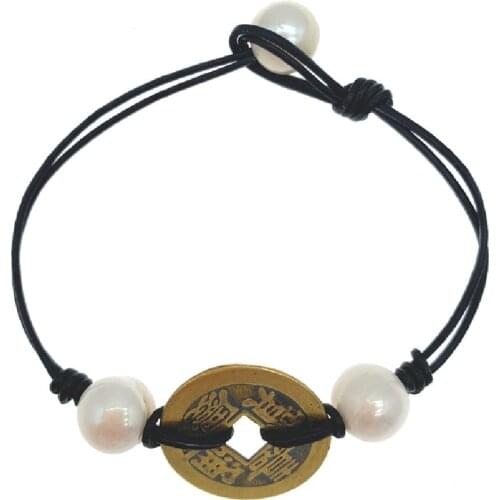 Chinese Coin 10-11mm White Freshwater Pearls Bracelet With Black Leather Trendy Jewelry For Women Girls Gifts 7.5 Inch