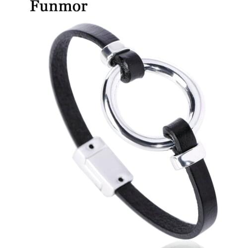 Funmor Classic Leather Bracelet Round Alloy Shape Hand Jewelry Women Men Daily T-Shirt Coat Decoration Accessories Best Gifts